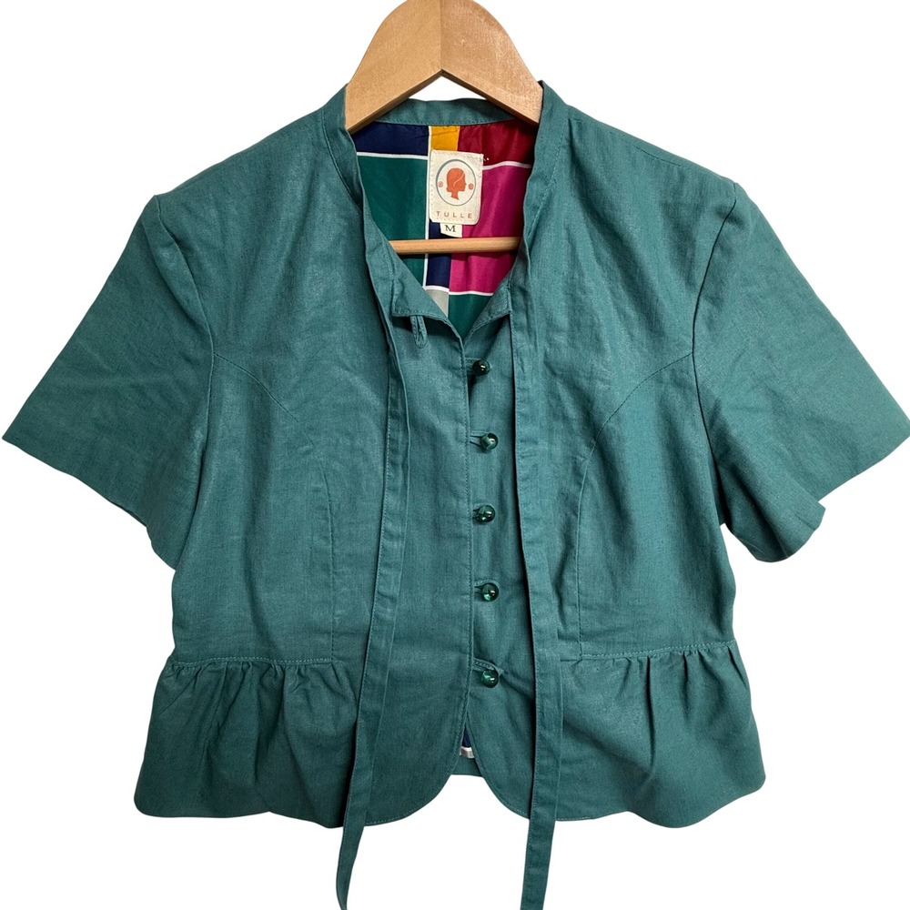 Tulle M Teal Linen Cotton Ruffle Jacket Short Sleeve Lined Retro Peplum Medium
